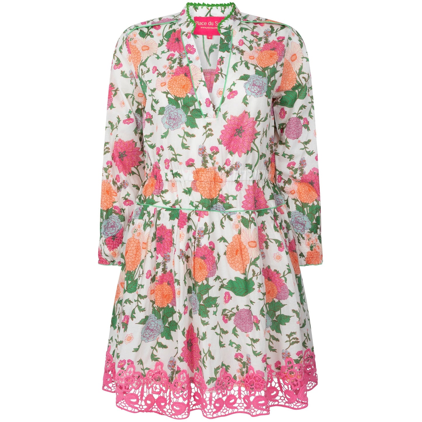 floral print dress with green trim snd pink lace finishing the hem