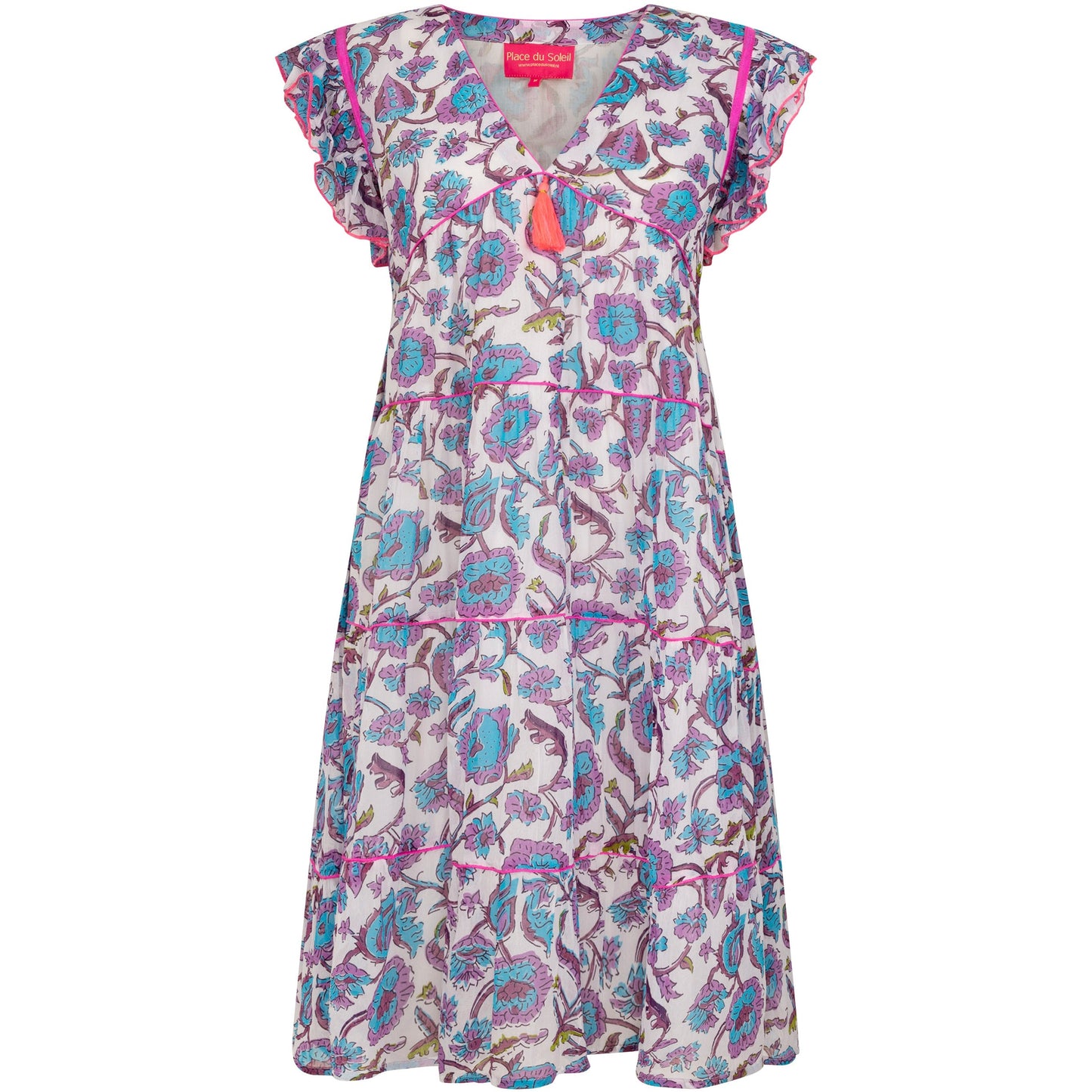 purple knee length dress with blue and purple flowers cap sleeves with subtle ruffle on sleeve