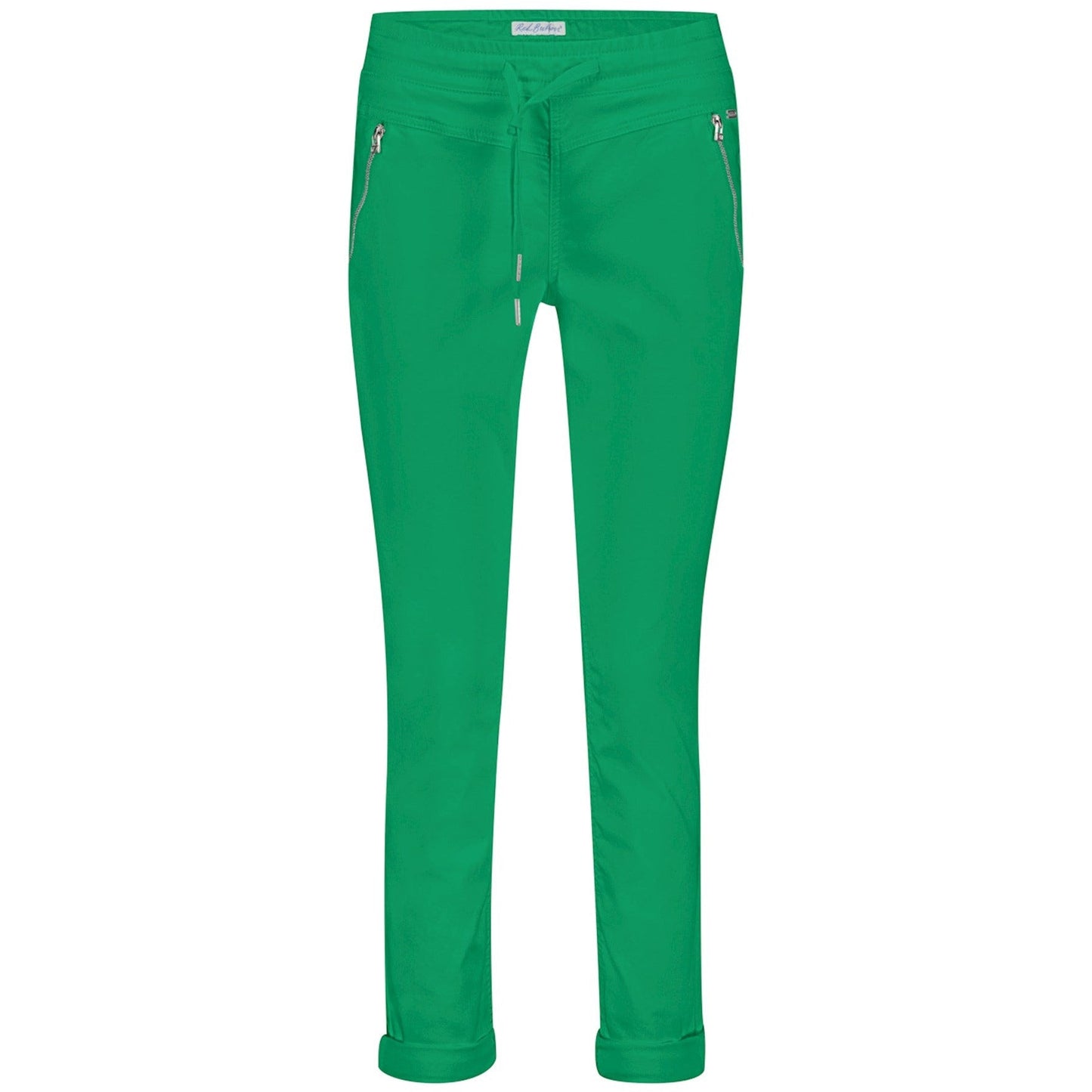 soft stretchy chino style pull up trousers in a vibrant green