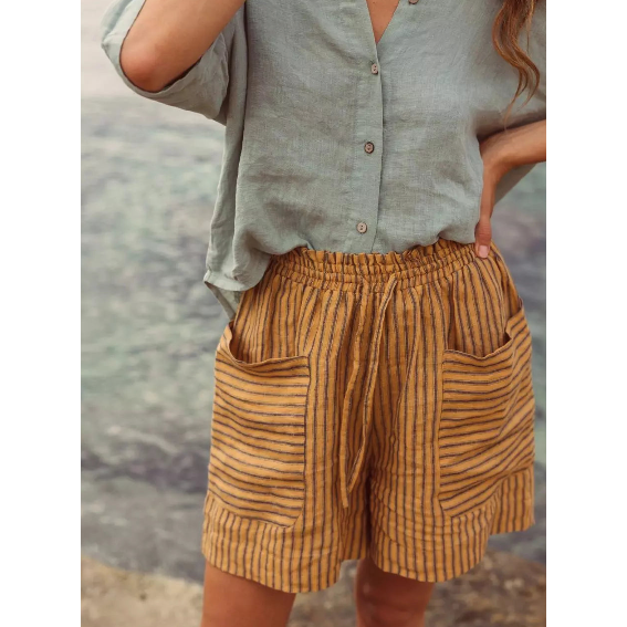 Indi and Cold Ladies Pinstripe Linen Shorts - Camel