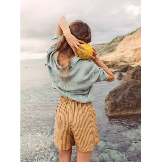 Indi and Cold Ladies Pinstripe Linen Shorts - Camel