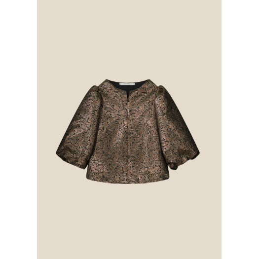 Shiny Jacquard top in with puff sleeves to the elbow and a wide neckline with a concealed zip in the middle. This fitted top is fully lined and features small side slits.