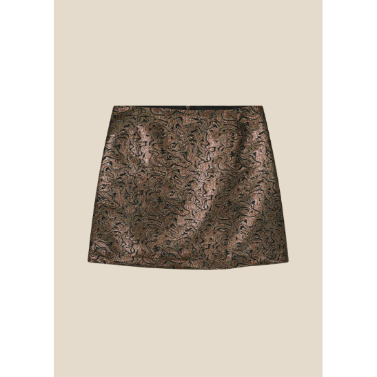 Short, shiny Jacquard skirt with a concealed zip in the middle at the back. The skirt falls to the thigh and is fully lined.