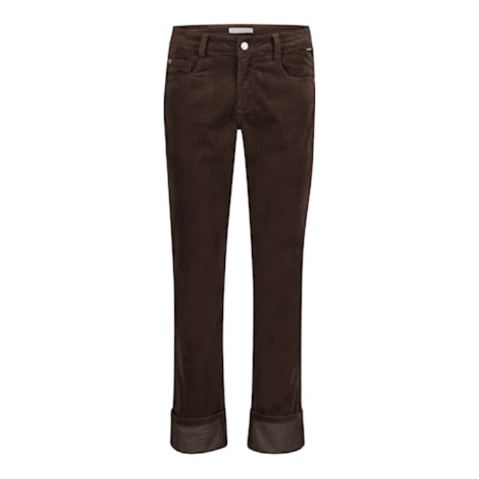 Espresso brown velvet trousers with button and zip and front pockets. Legs are a tapered fit