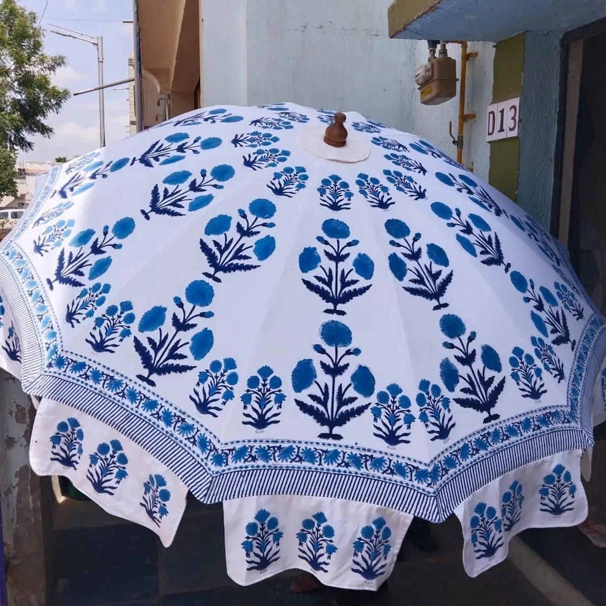 Indian Handmade Block Print Parasol - Blue Flower