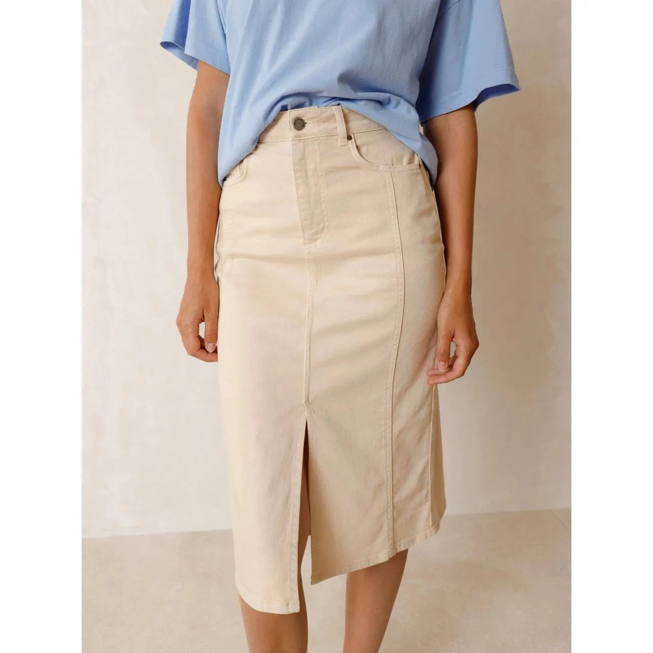 Indi and Cold Ladies Denim Pencil Skirt - Ecru