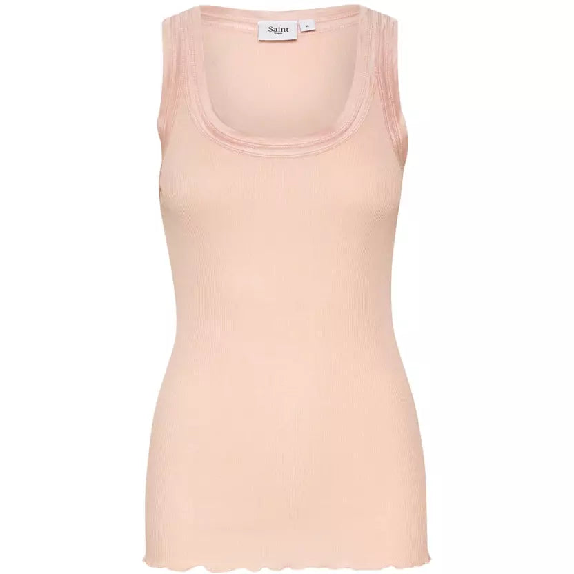 DUSTY PINK RIBBED MATERIAL WITH ROUND NECK, SATEEN FINISH AROUND EDGES OF NECK AND SHOULDERS