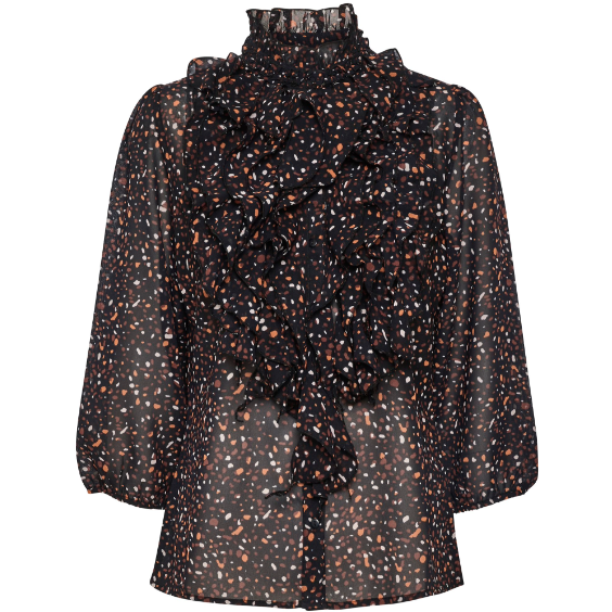 Shirt with a high round frilled neck, 3/4 sleeves with elastic hem and calf crease, and a visible button closure. The shirt is of light woven quality and has a normal fit.