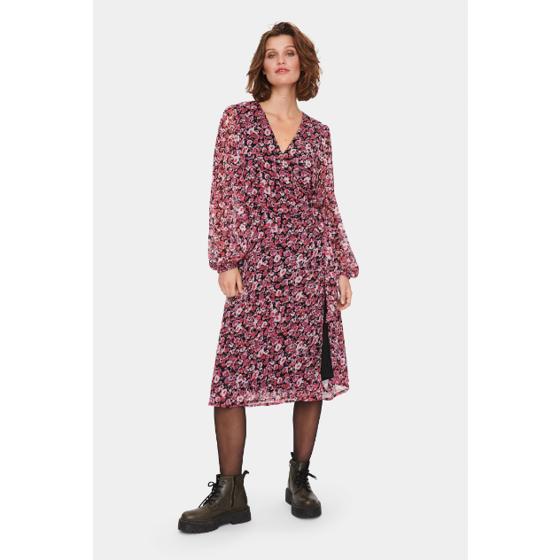 Floral maxi dress with long transparent sleeves with elastic edging, round neck, and an adjustable drawstring at the waist.