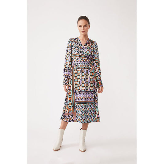 retro print wrap dress in purple, green and orange colours