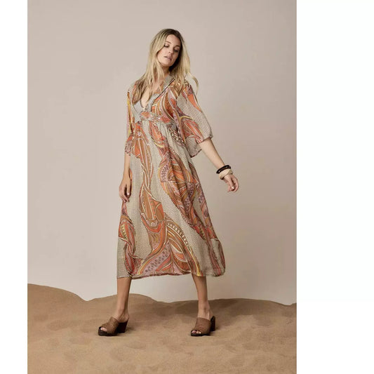 orange bohemian v neck dress with elbow length sleeves 