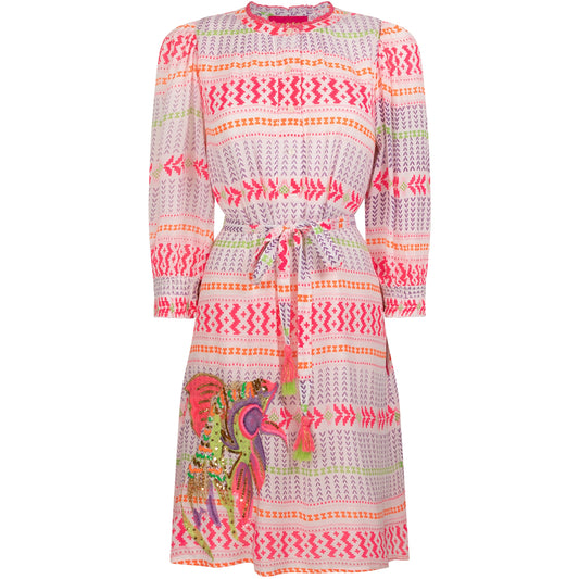 embroidered fish on the skirt and a vibrant pattern of pink, purple, orange and green, this dress makes a splash with any outfit. The long sleeves and high neck with pink trim, tie