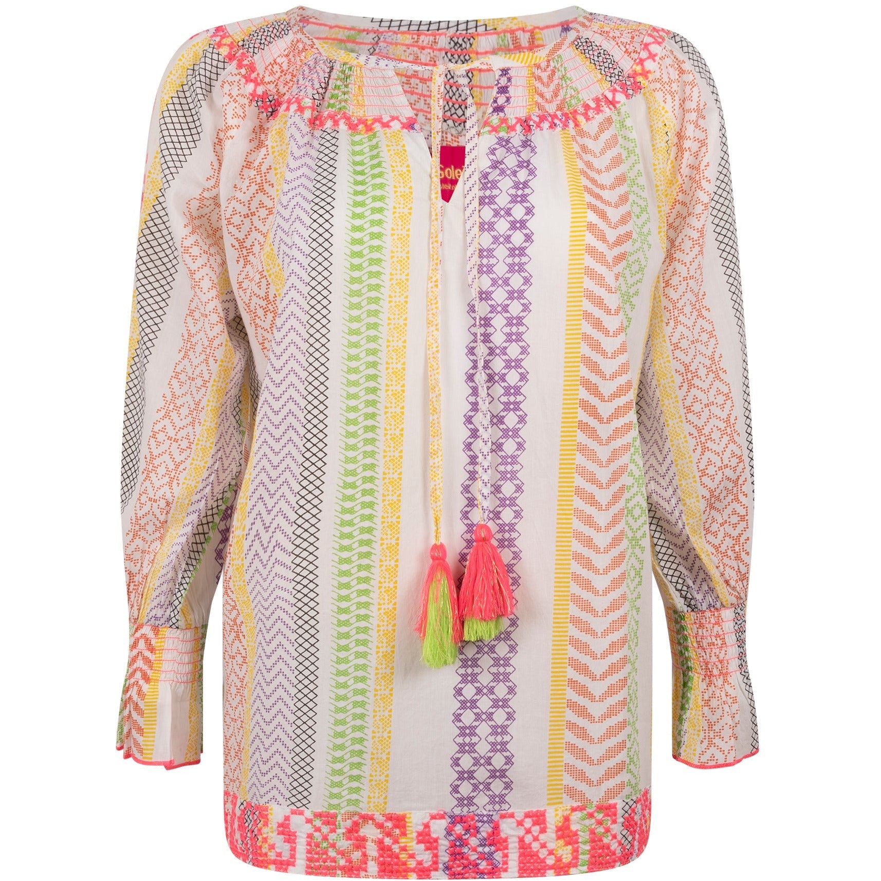 neon pink trim on blouse with pastel coloured patterned stripes  