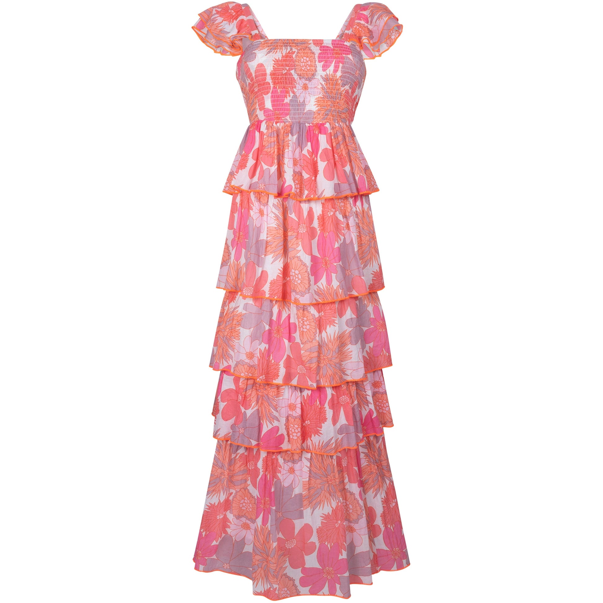 tiered pink floral maxi dress with ruffled straps and elasticated chest 