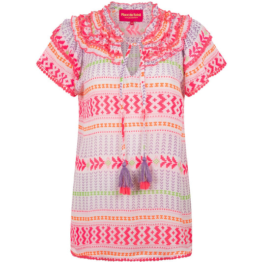 olourful ruffled cap sleeves, a frilled v-neck, and ties that can be worn loose or tied up for optimal styling, this sophisticated top is finished with a bright pink circle braid cuffed on all hems