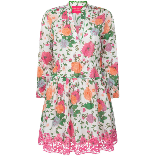 floral print dress with green trim snd pink lace finishing the hem 