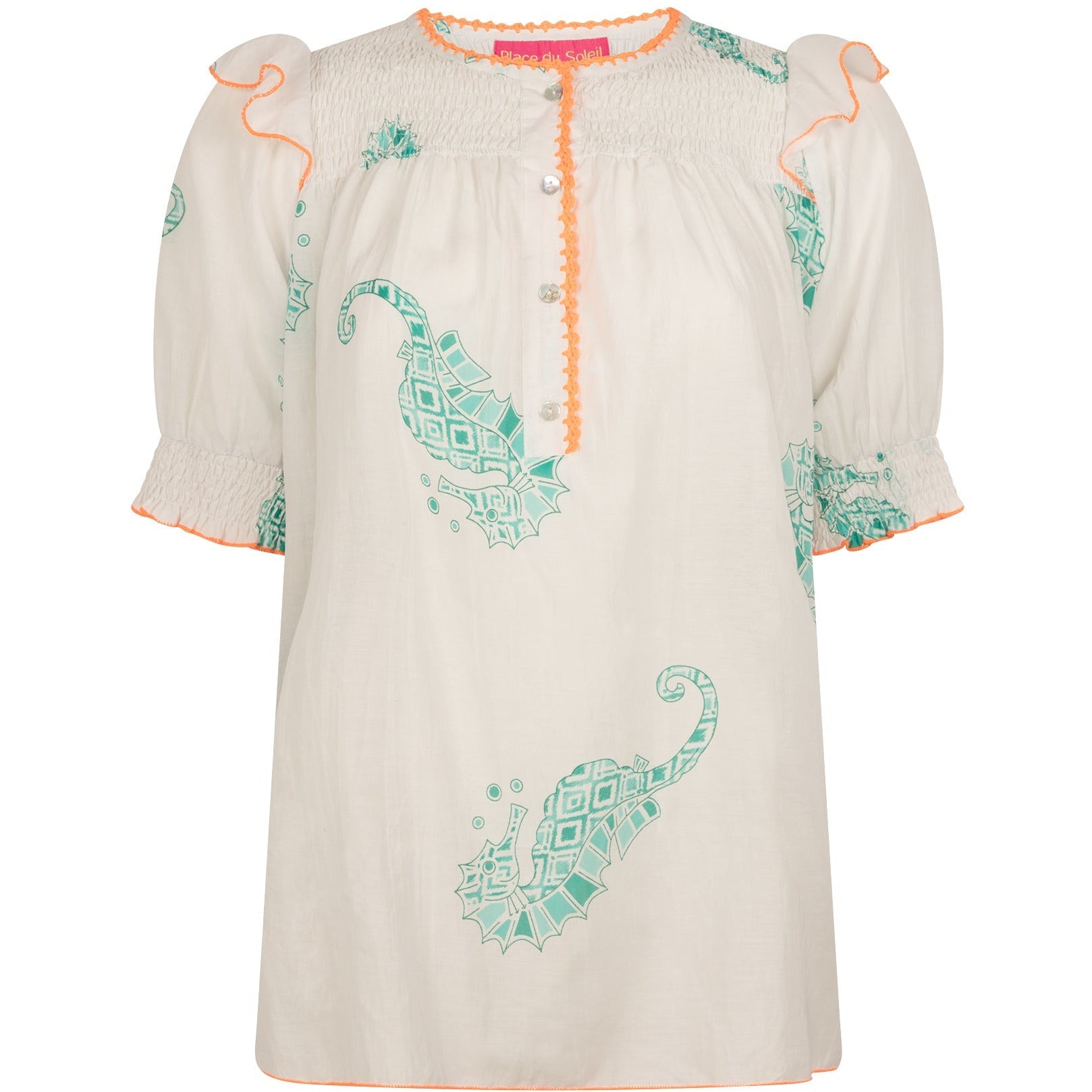 cream short sleeve blouse with orange trim and green seahorses