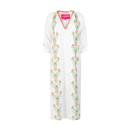 Place du Soleil Ladies White Green Embroided Dress 319