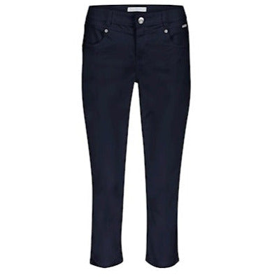 navy 3/4 length trousers with pockets front and back, zip and button fastening and belt loopd