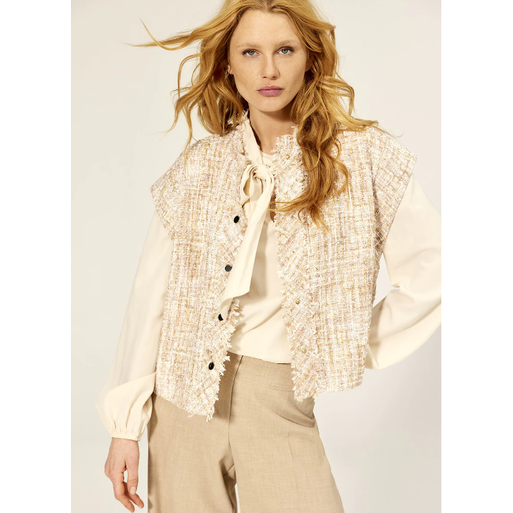 tweed waistcoat with a slight shimmer and rough edges, poppers to fasten 