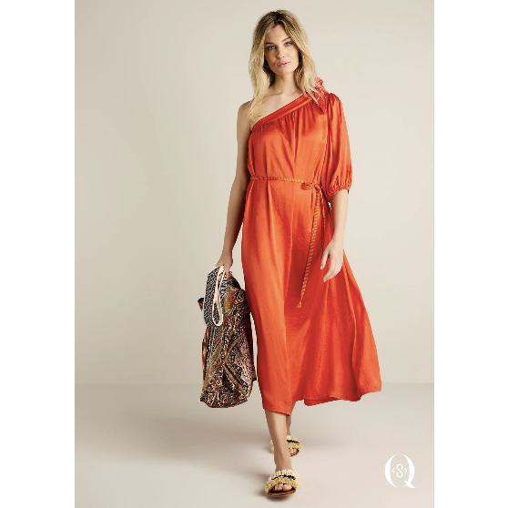 ONE SHOULDER ORANGE DRESS, GOLD/ORANGE TIE ROUND WAIST AND ELBOW LENGTH SLEEVE, MID CALF LENGTH