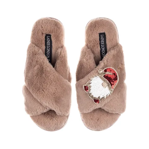camel coloured slippers, faux fur with removable gonk brooch