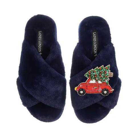navy blue faux fur slippers with front cross design with red car and xmas tree removable brooch