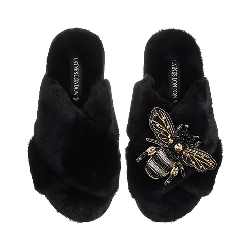 black faux fur slippers with front cross desin and removable bee brooch