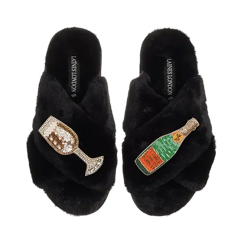 black faux fur slippers with front cross design and champagne glass and bottle brooched