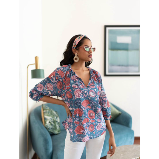 Sohana Ladies Frayed Top - Blue Pink