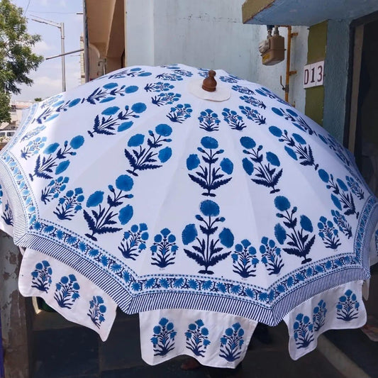 Indian Handmade Block Print Parasol - Blue Flower