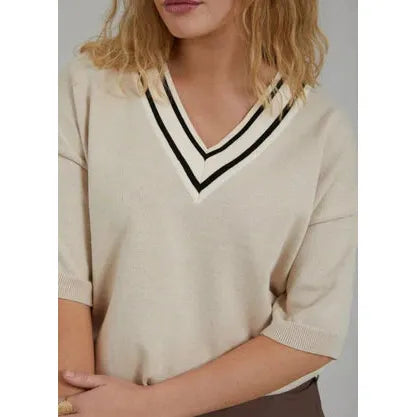 short-sleeved V-neck knitwear. Stripes along the neckline, which makes it super nice.