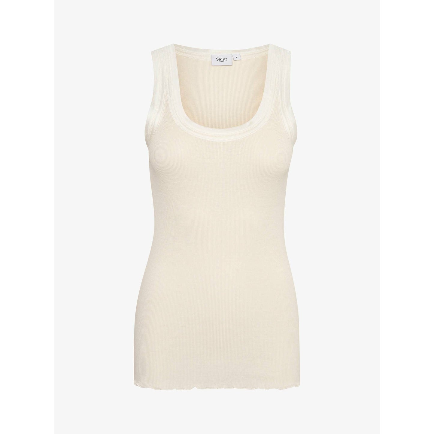 CREAM VEST, ROUND NECK, HIGH BACK, SATIN EDGING ROUND NECKLINE AND SHOULDERS, RIBBED MATERIIAL