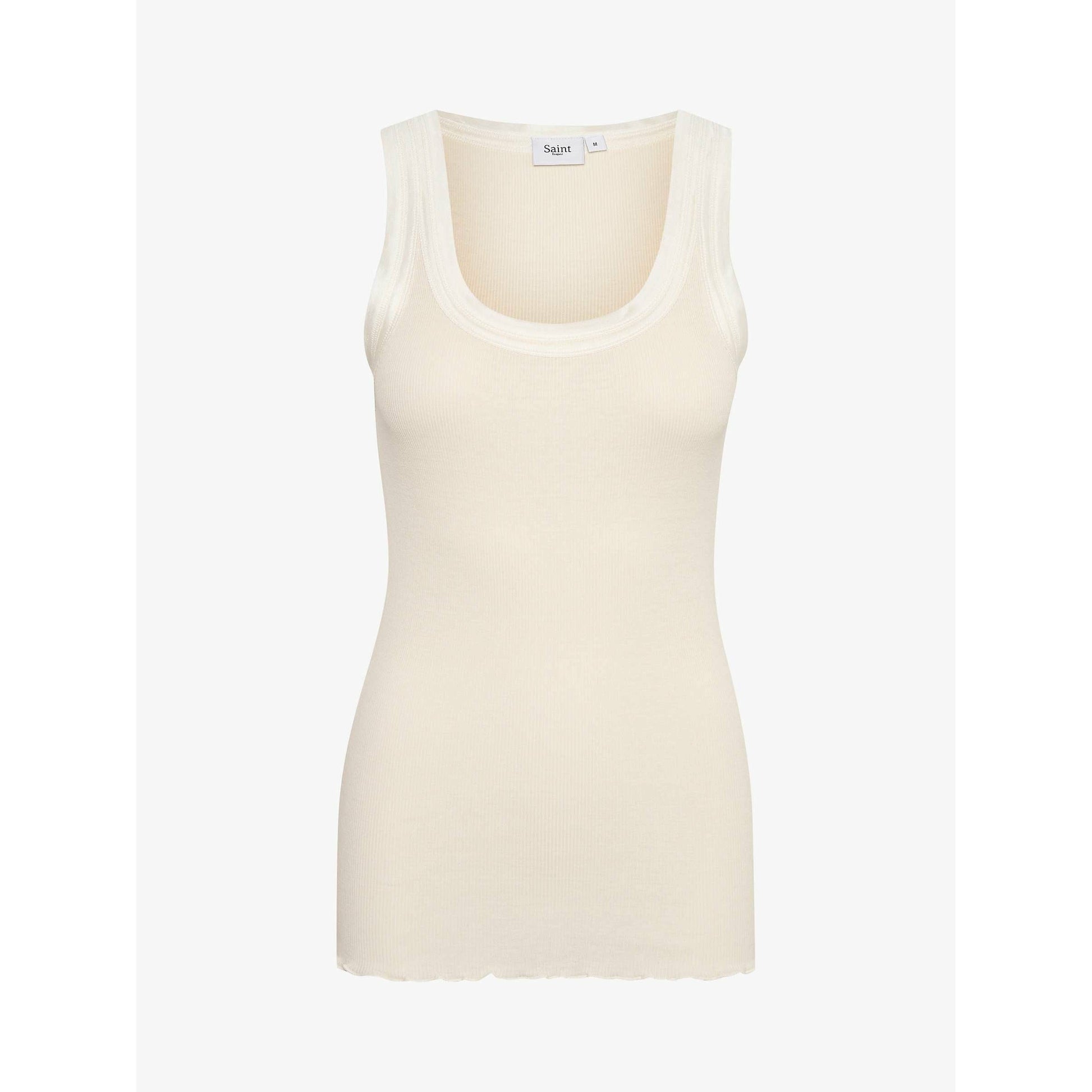 CREAM VEST, ROUND NECK, HIGH BACK, SATIN EDGING ROUND NECKLINE AND SHOULDERS, RIBBED MATERIIAL
